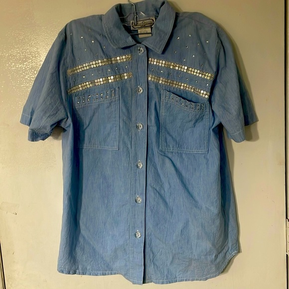 Saint Germain Paris denim with rhinestone short sleeve top - Picture 1 of 8